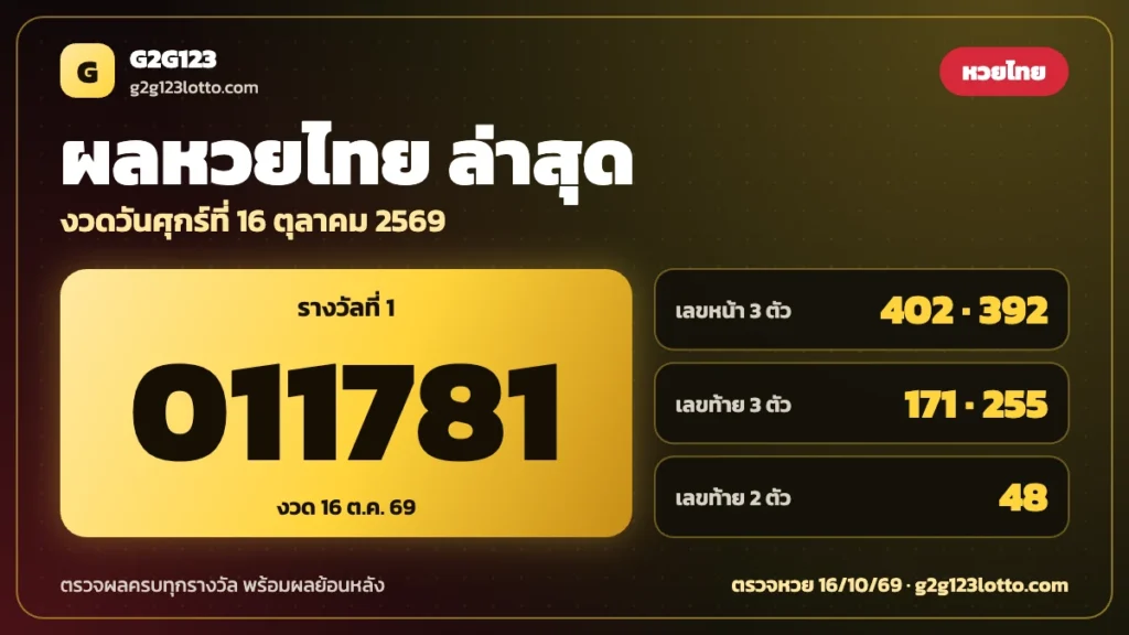 ตรวจหวยไทย 16 ตุลาคม 2569 ตรวจหวย 16/10/69 | G2G123
